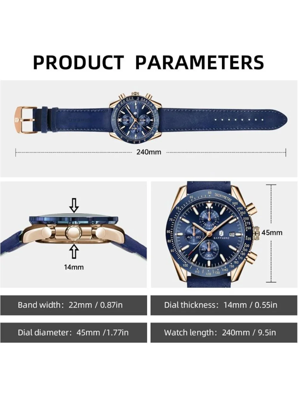 Men's Blue Gold Analog Silicone Strap Chronograph Luminous Designer Casual Watch